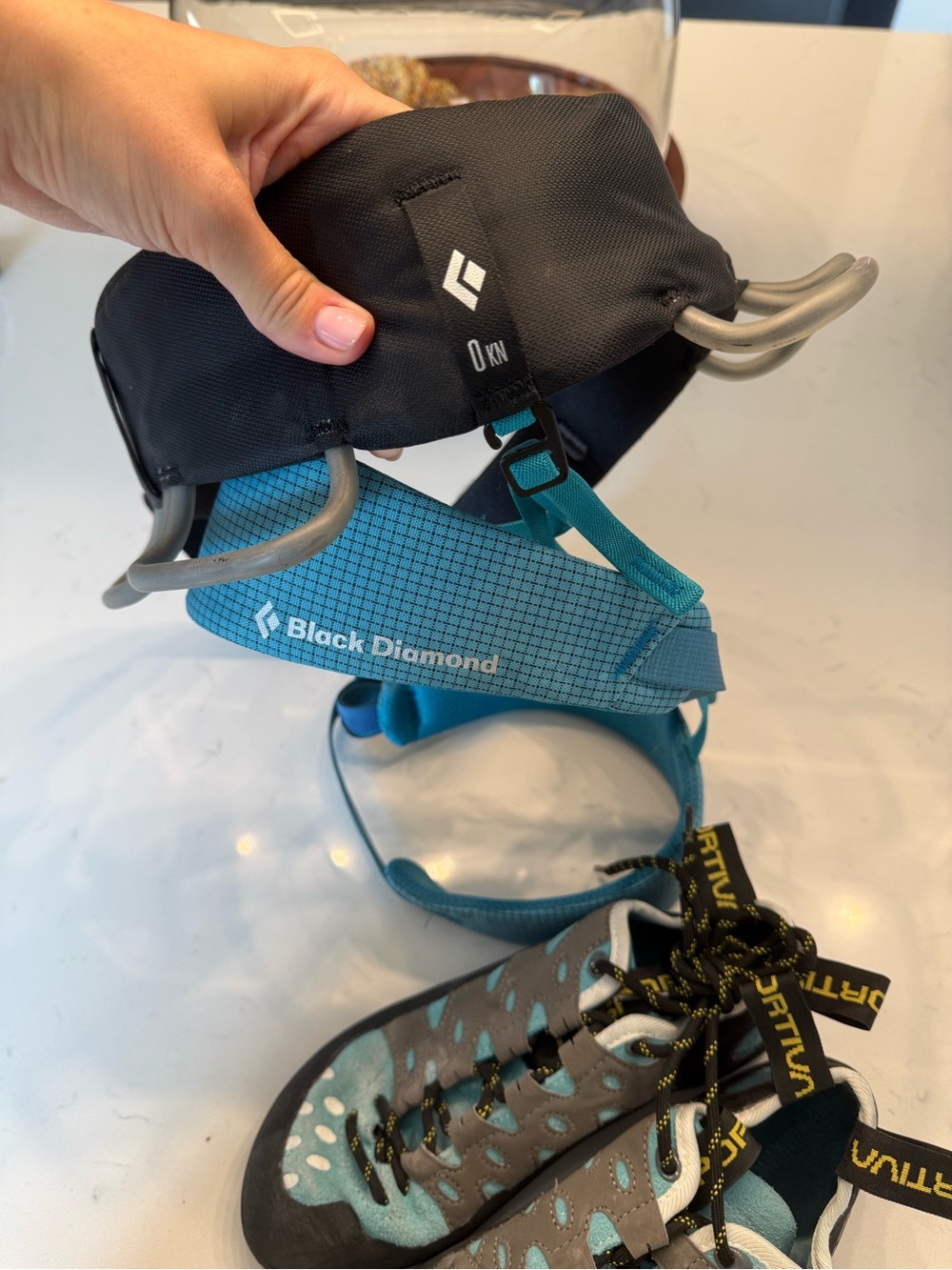 Black Diamond Climbing Harness in Teal and Black and LA SPORTIVA Climbing shoes